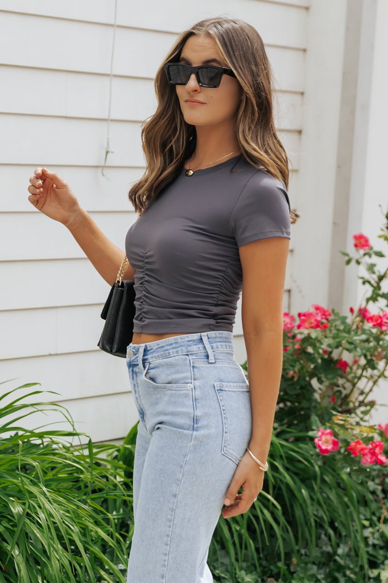 Ruched Short Sleeve Crop Top - Magnolia Boutique