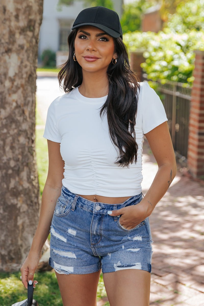 Ruched Short Sleeve Crop Top - Magnolia Boutique