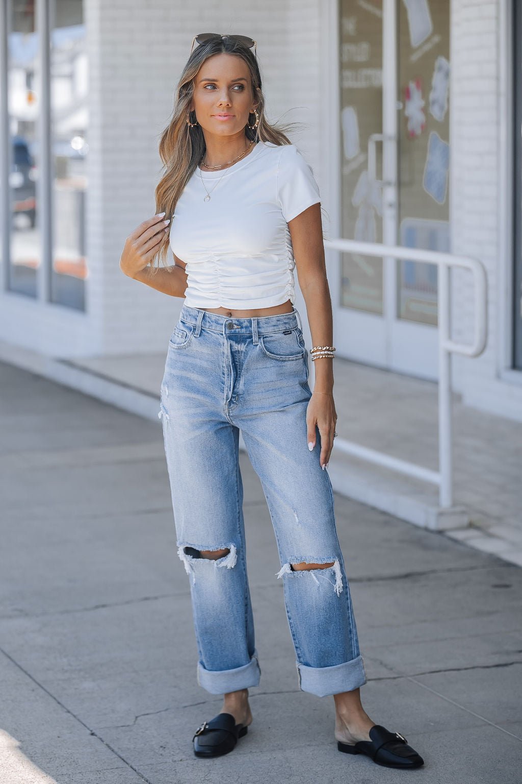 Ruched Short Sleeve Crop Top - White - Magnolia Boutique