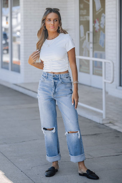 Ruched Short Sleeve Crop Top - White - Magnolia Boutique