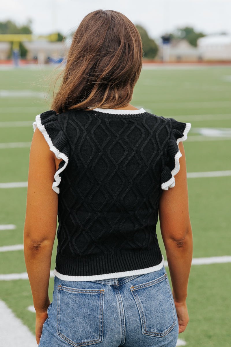 Ruffled Cable Knit Sweater - Black - Magnolia Boutique