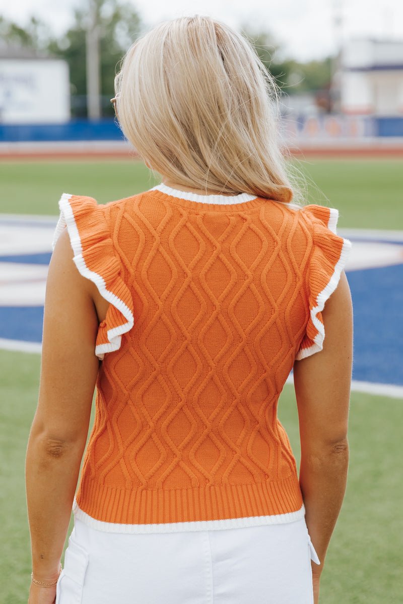 Ruffled Cable Knit Sweater - Orange - Magnolia Boutique