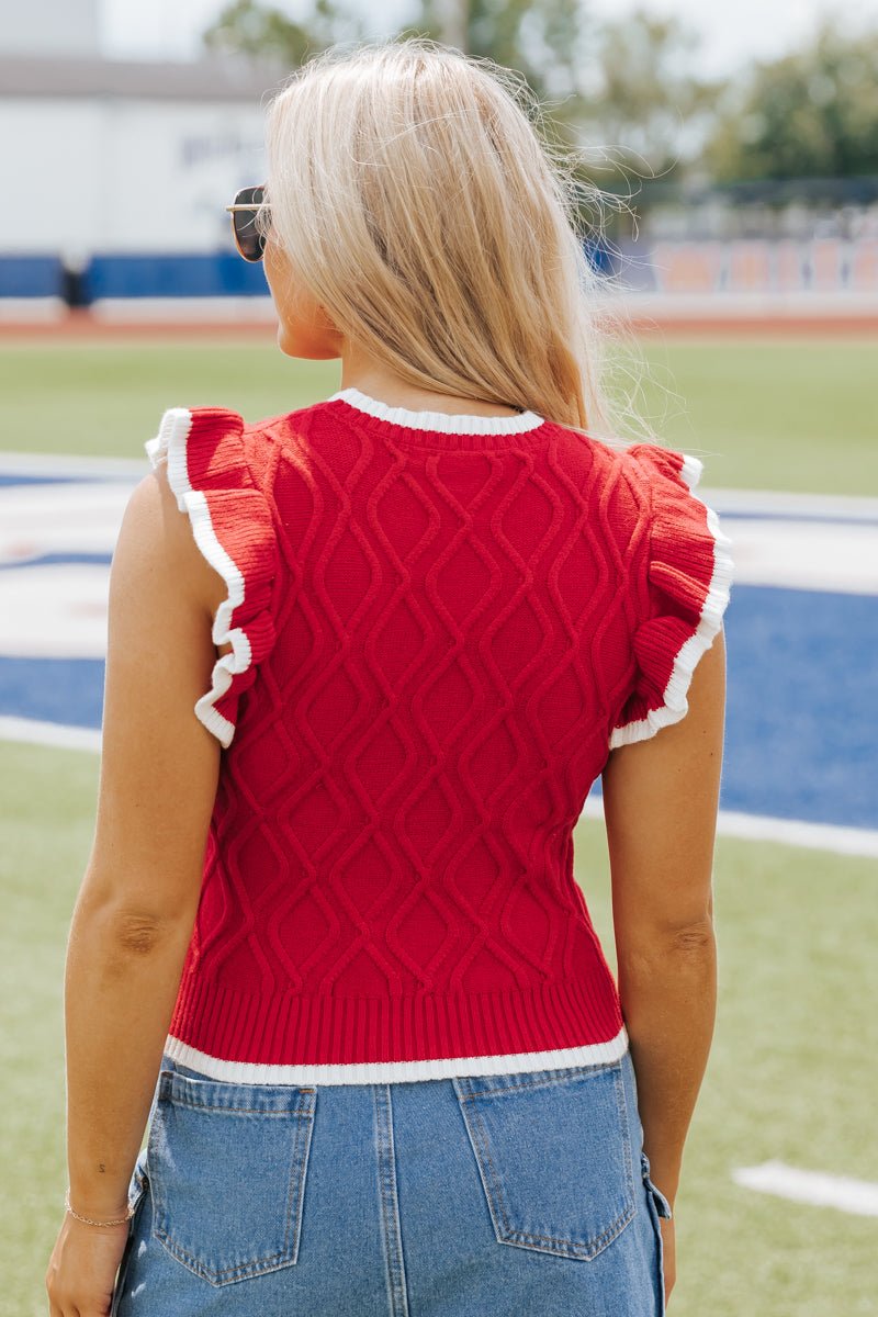 Ruffled Cable Knit Sweater - Red - Magnolia Boutique