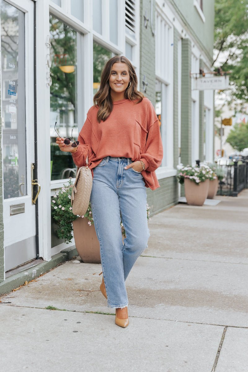 Rust Exposed Seam Pocket Sweater - Magnolia Boutique