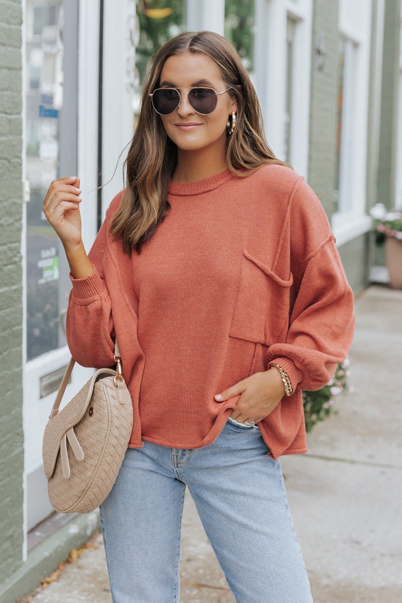 Orange Raw Edge Patch Pocket Exposed Seam Loose Sweater