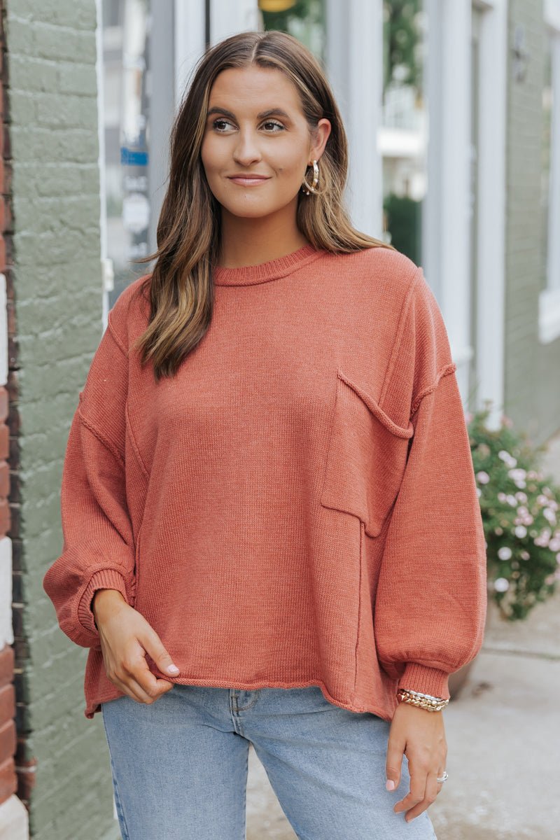 Rust Exposed Seam Pocket Sweater - Magnolia Boutique