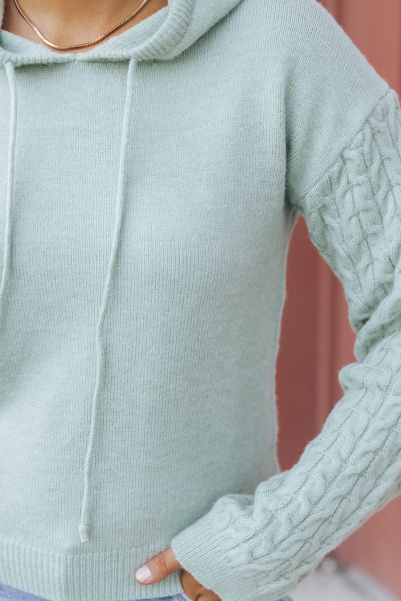 Sage Cable Knit Sleeve Hooded Sweater - Magnolia Boutique