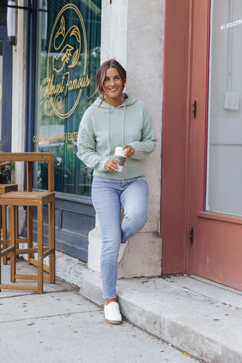 Sage Cable Knit Sleeve Hooded Sweater - Magnolia Boutique