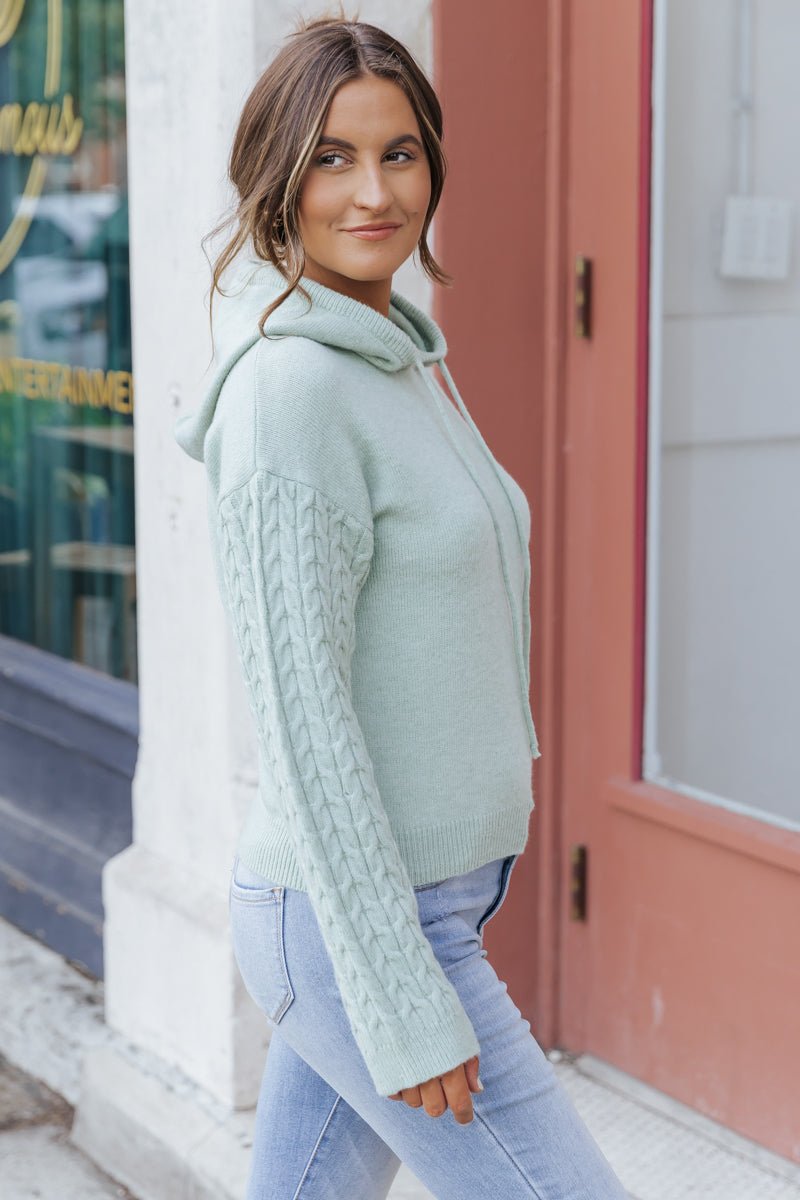 Sage Cable Knit Sleeve Hooded Sweater - Magnolia Boutique