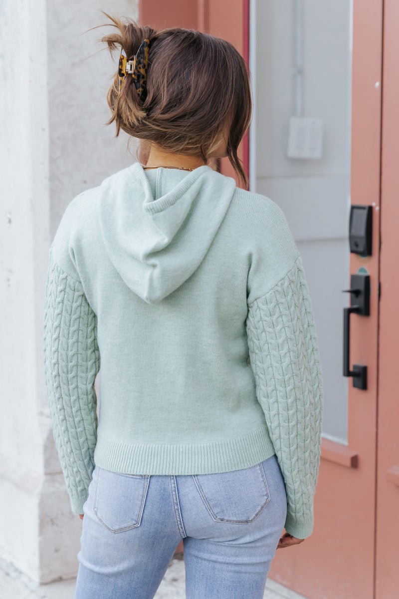 Sage Cable Knit Sleeve Hooded Sweater - Magnolia Boutique