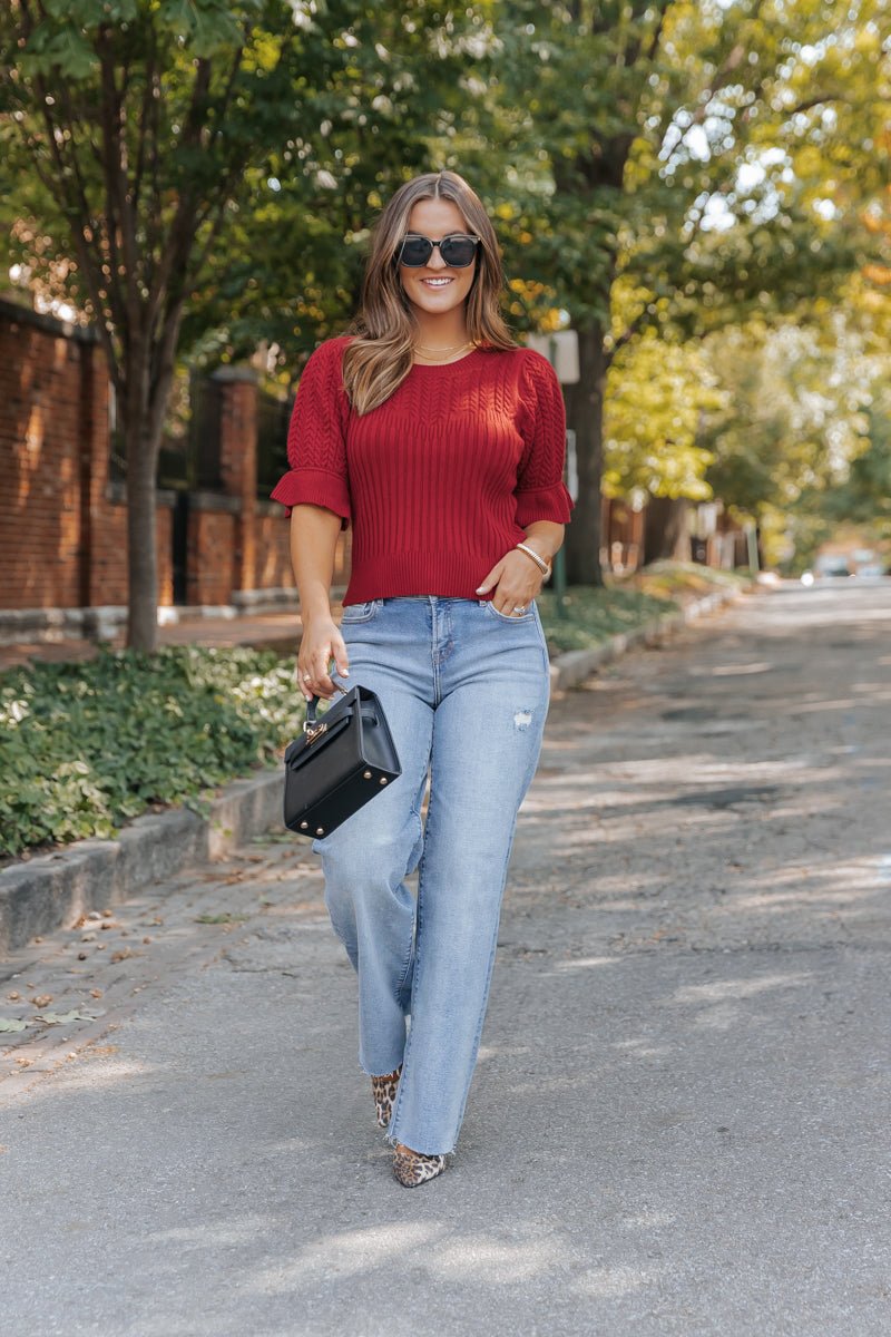 Scarlet Red Puff Sleeve Textured Sweater - Magnolia Boutique