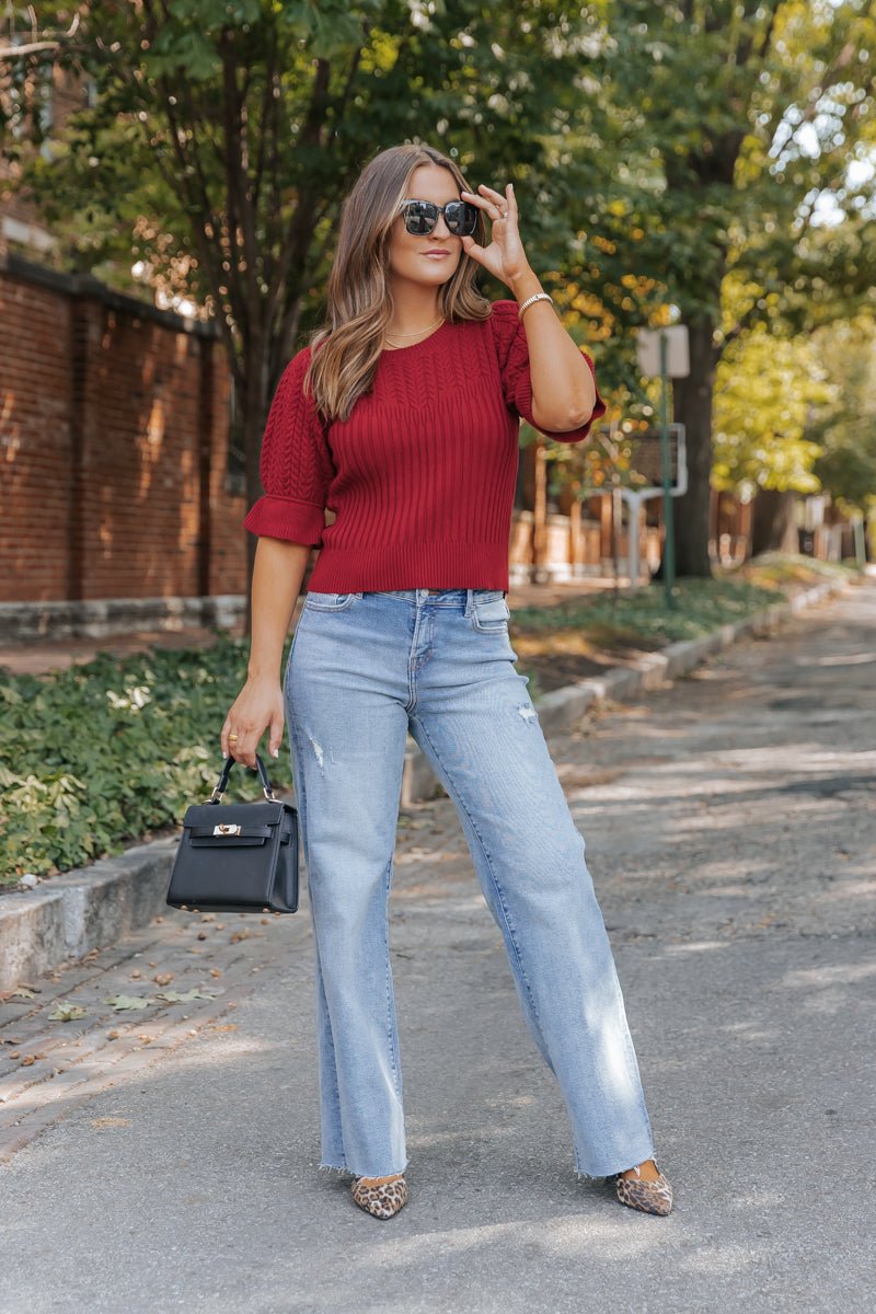 Scarlet Red Puff Sleeve Textured Sweater - Magnolia Boutique