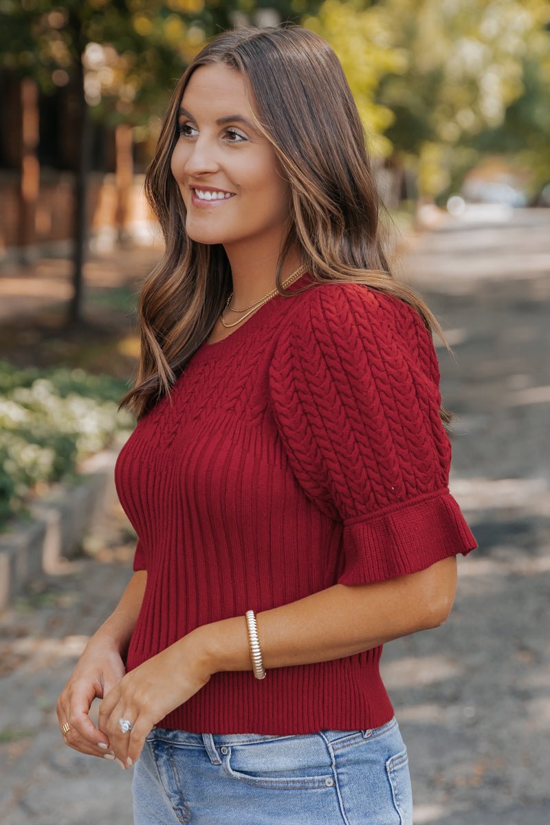 Scarlet Red Puff Sleeve Textured Sweater - Magnolia Boutique