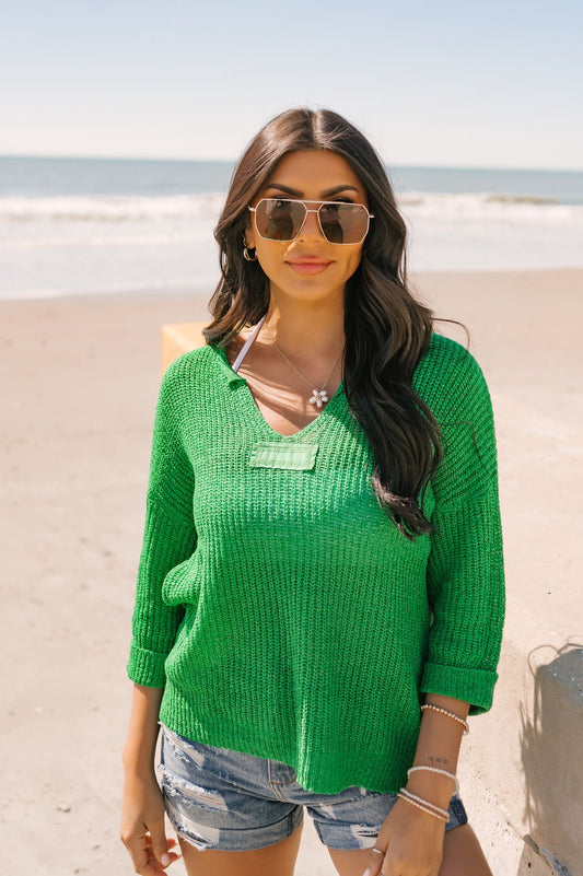 Sea Green V Neck Ribbed Sweater - Magnolia Boutique