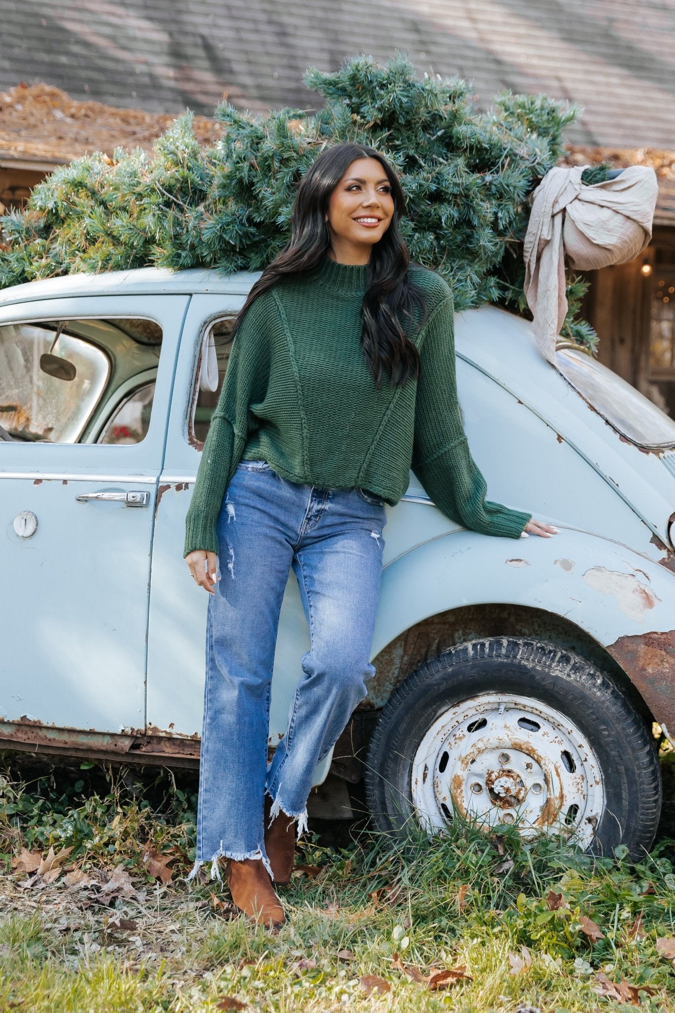 Seam Detail Mock Neck Sweater - Green - Magnolia Boutique