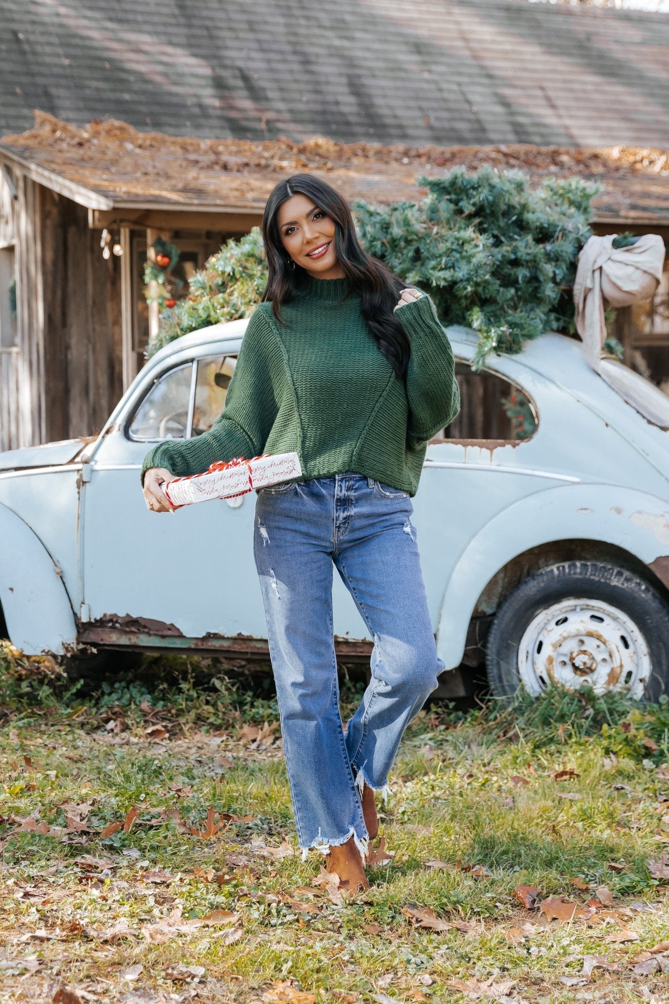 Seam Detail Mock Neck Sweater - Green - Magnolia Boutique