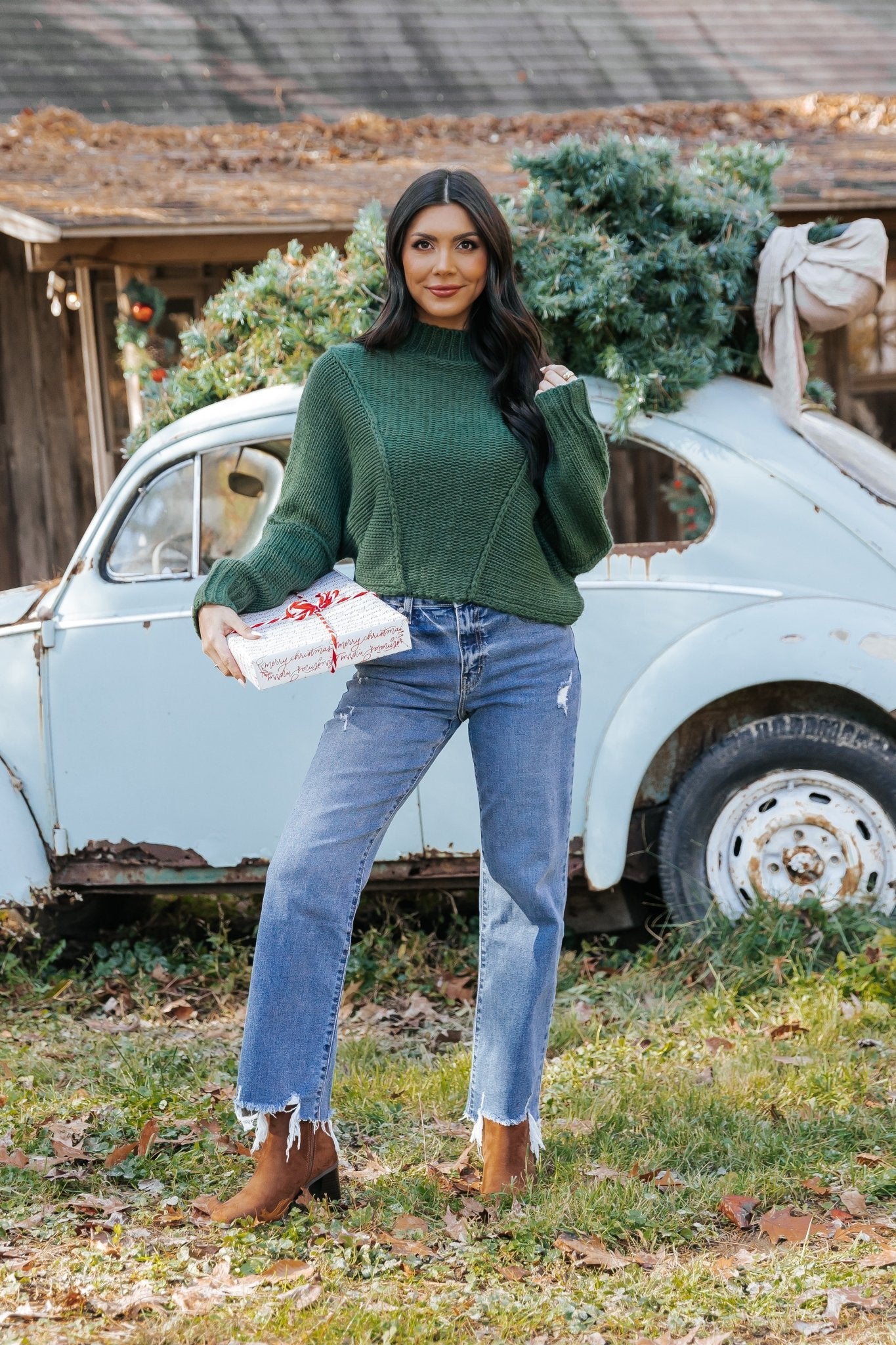 Seam Detail Mock Neck Sweater - Green - Magnolia Boutique