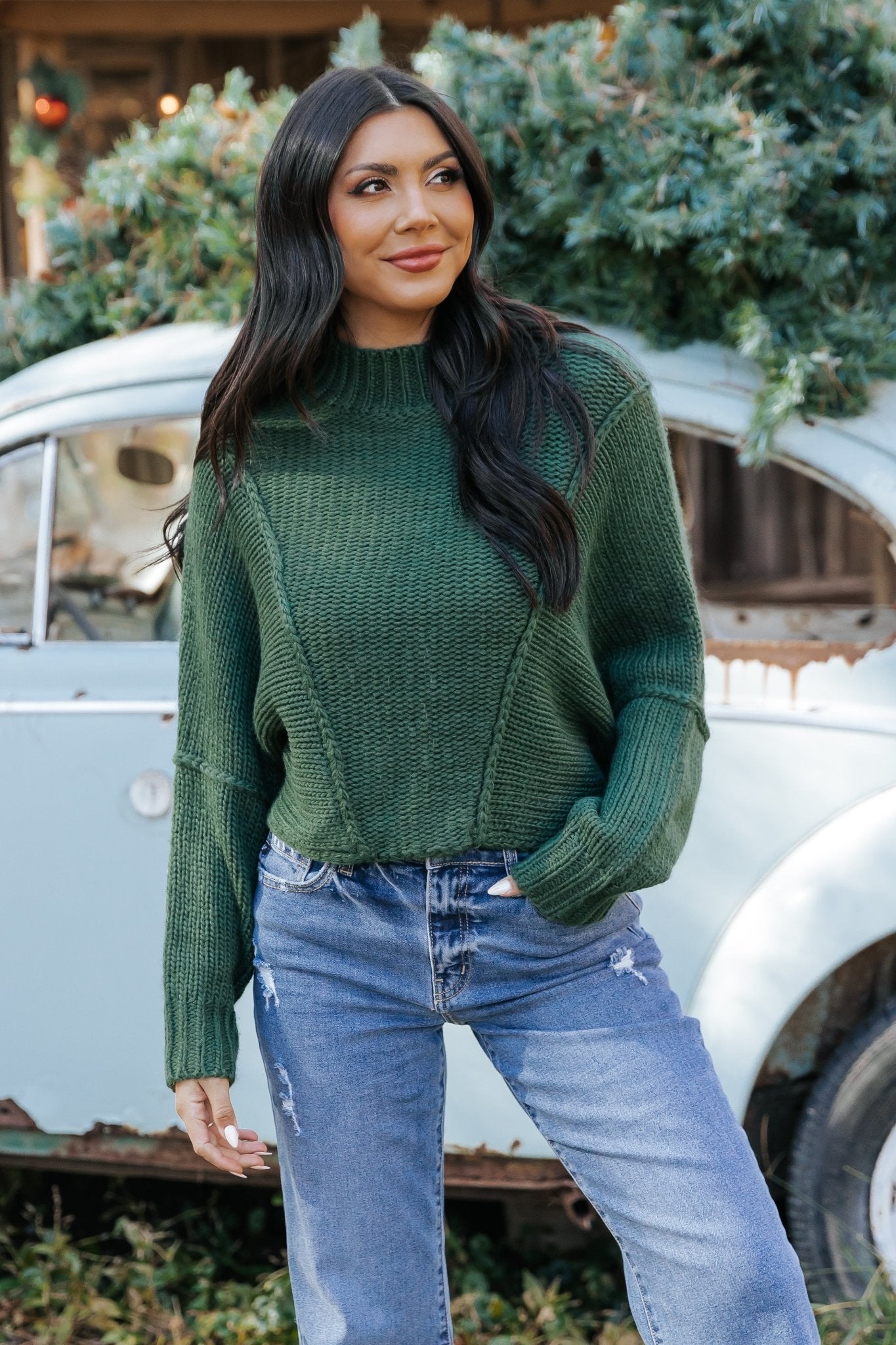 Seam Detail Mock Neck Sweater - Green - Magnolia Boutique