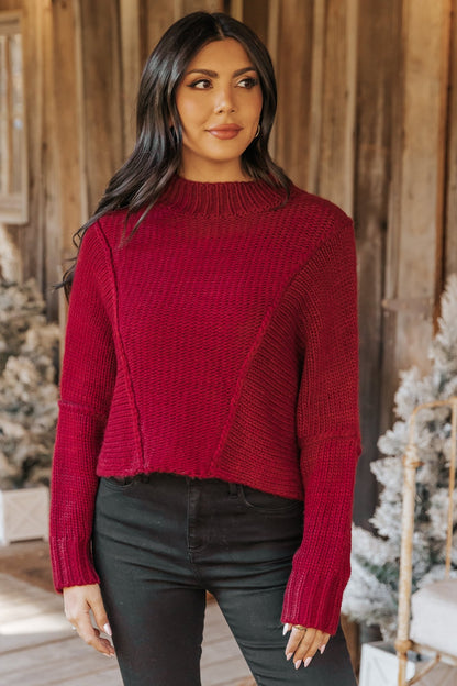 Seam Detail Mock Neck Sweater - Wine - Magnolia Boutique