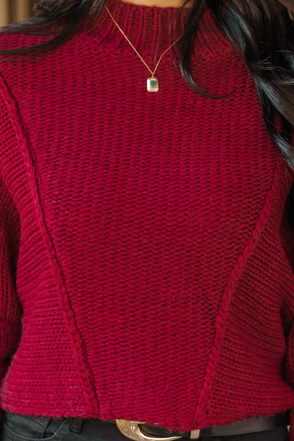 Seam Detail Mock Neck Sweater - Wine - Magnolia Boutique