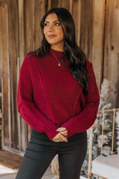 Seam Detail Mock Neck Sweater - Wine - Magnolia Boutique