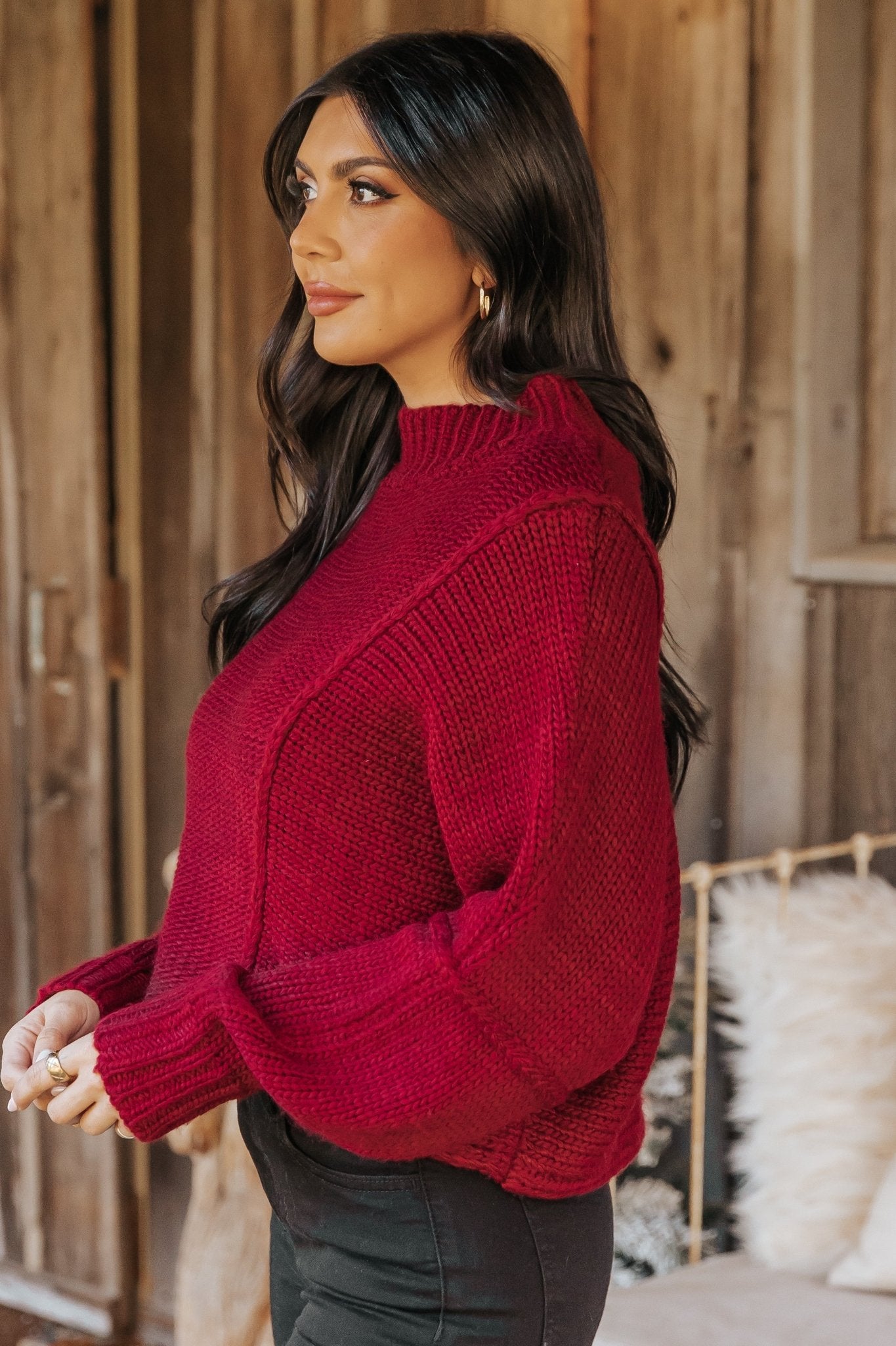 Seam Detail Mock Neck Sweater - Wine - Magnolia Boutique