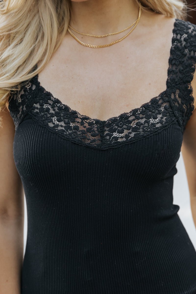 Seamless Lace Trim Tank Top - Black - Magnolia Boutique