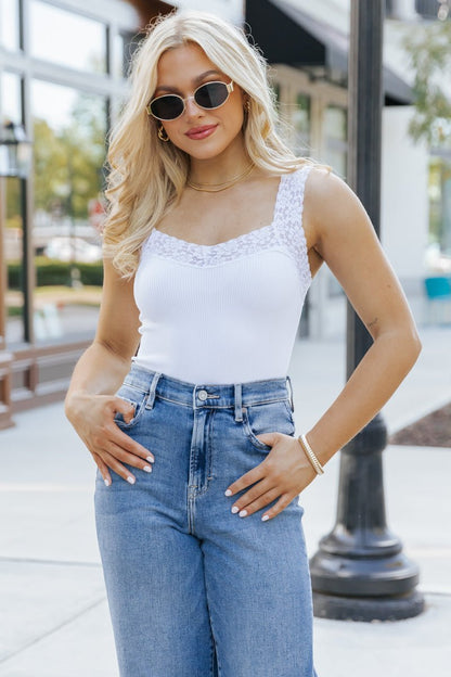 Seamless Lace Trim Tank Top - White - Magnolia Boutique