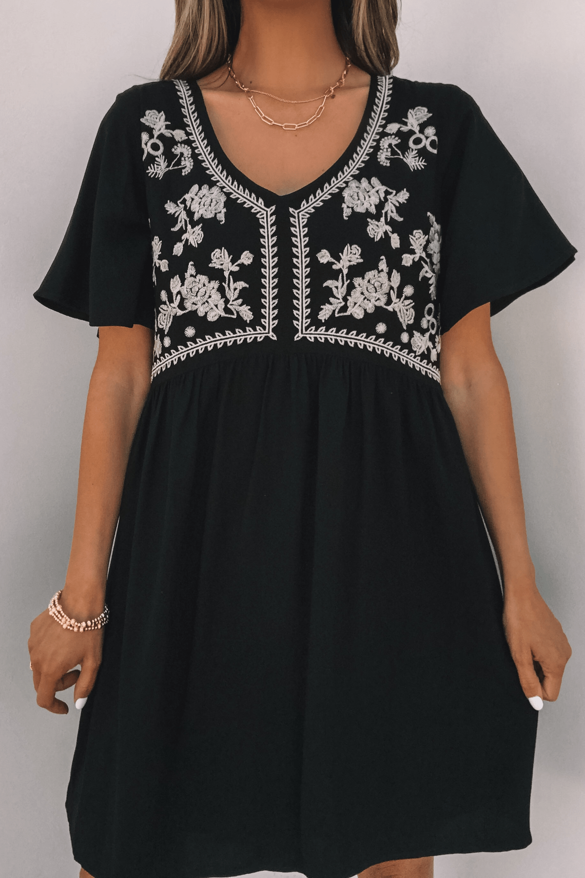 Seaside Taupe Embroidered Black Mini Dress - Magnolia Boutique