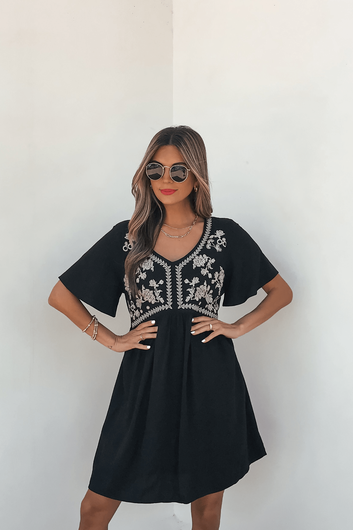 Seaside Taupe Embroidered Black Mini Dress - Magnolia Boutique