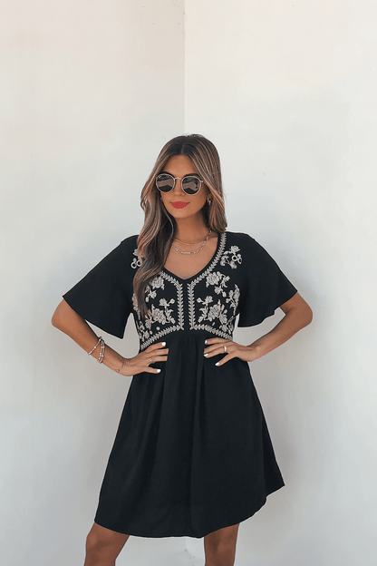 Seaside Taupe Embroidered Black Mini Dress - Magnolia Boutique