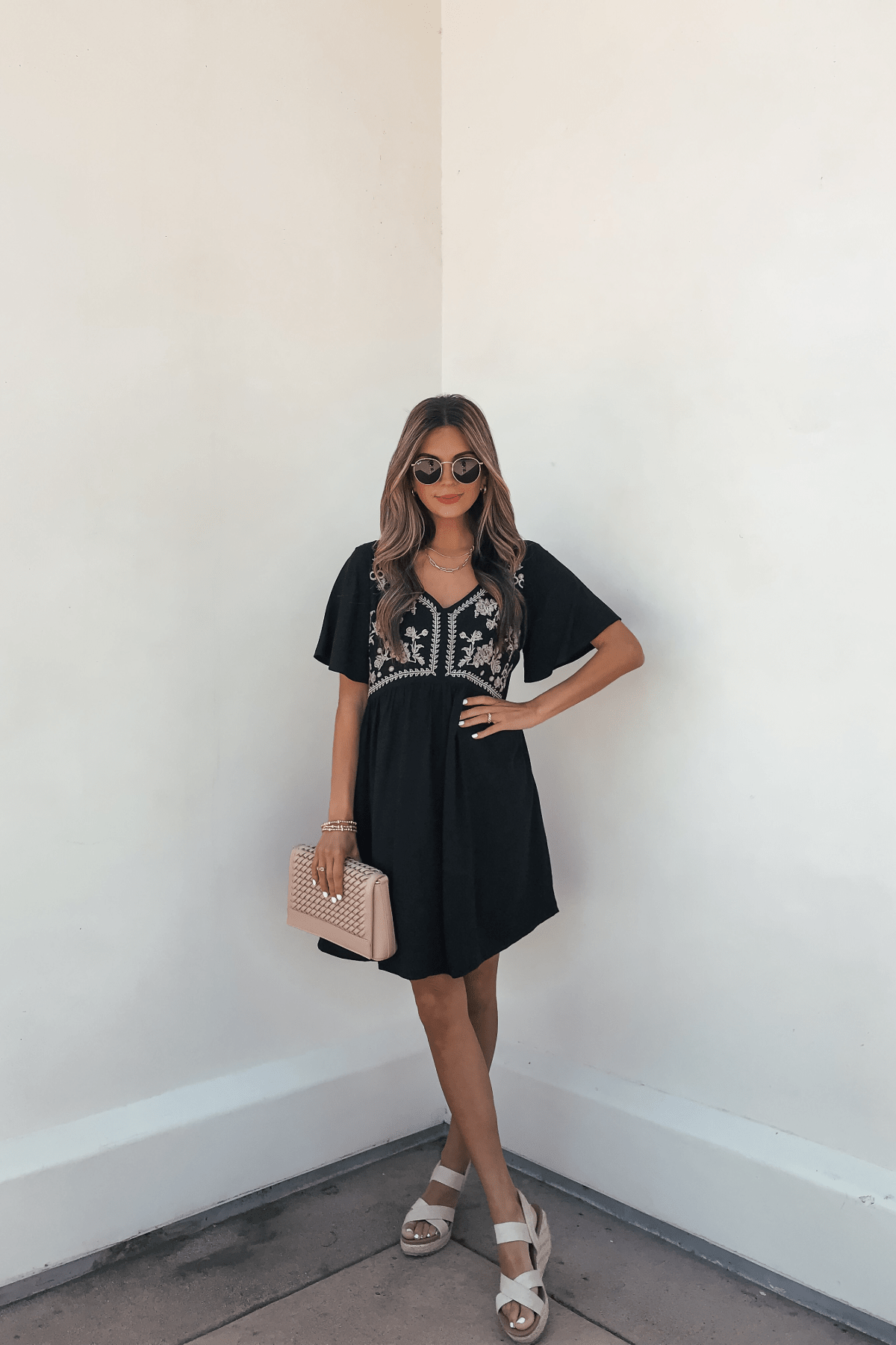 Seaside Taupe Embroidered Black Mini Dress - Magnolia Boutique