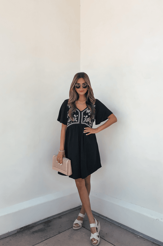 Seaside Taupe Embroidered Black Mini Dress - Magnolia Boutique