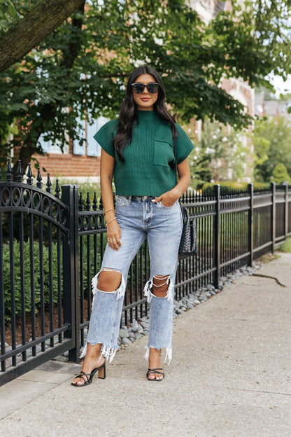 Short Sleeve Mock Neck Ribbed Sweater - Forest Green - Magnolia Boutique