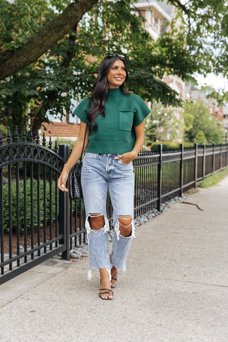 Short Sleeve Mock Neck Ribbed Sweater - Forest Green - Magnolia Boutique