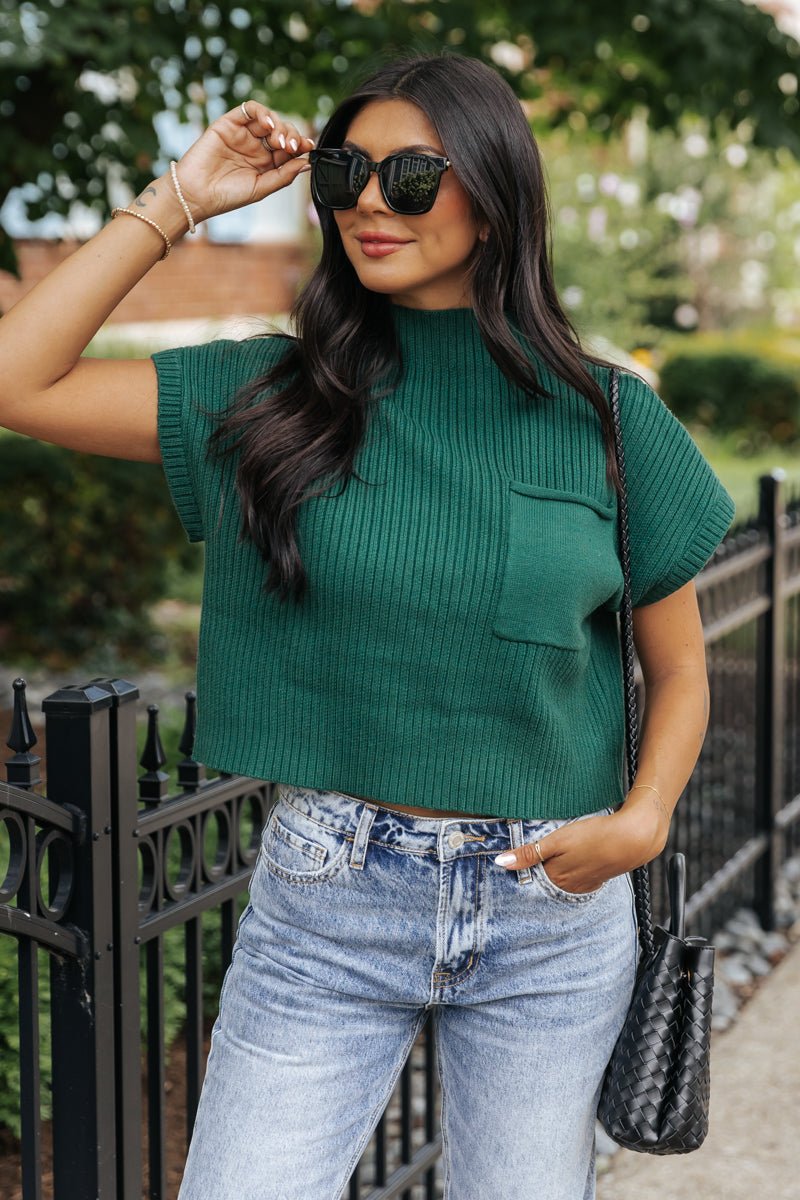 Short Sleeve Mock Neck Ribbed Sweater - Forest Green - Magnolia Boutique