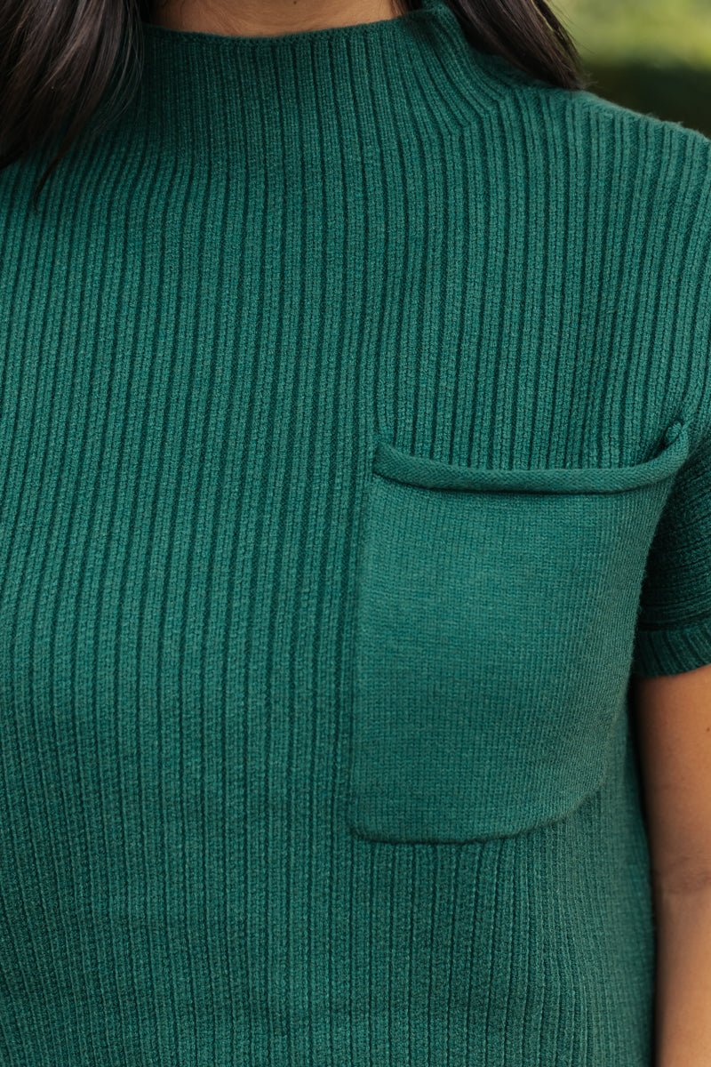 Short Sleeve Mock Neck Ribbed Sweater - Forest Green - Magnolia Boutique