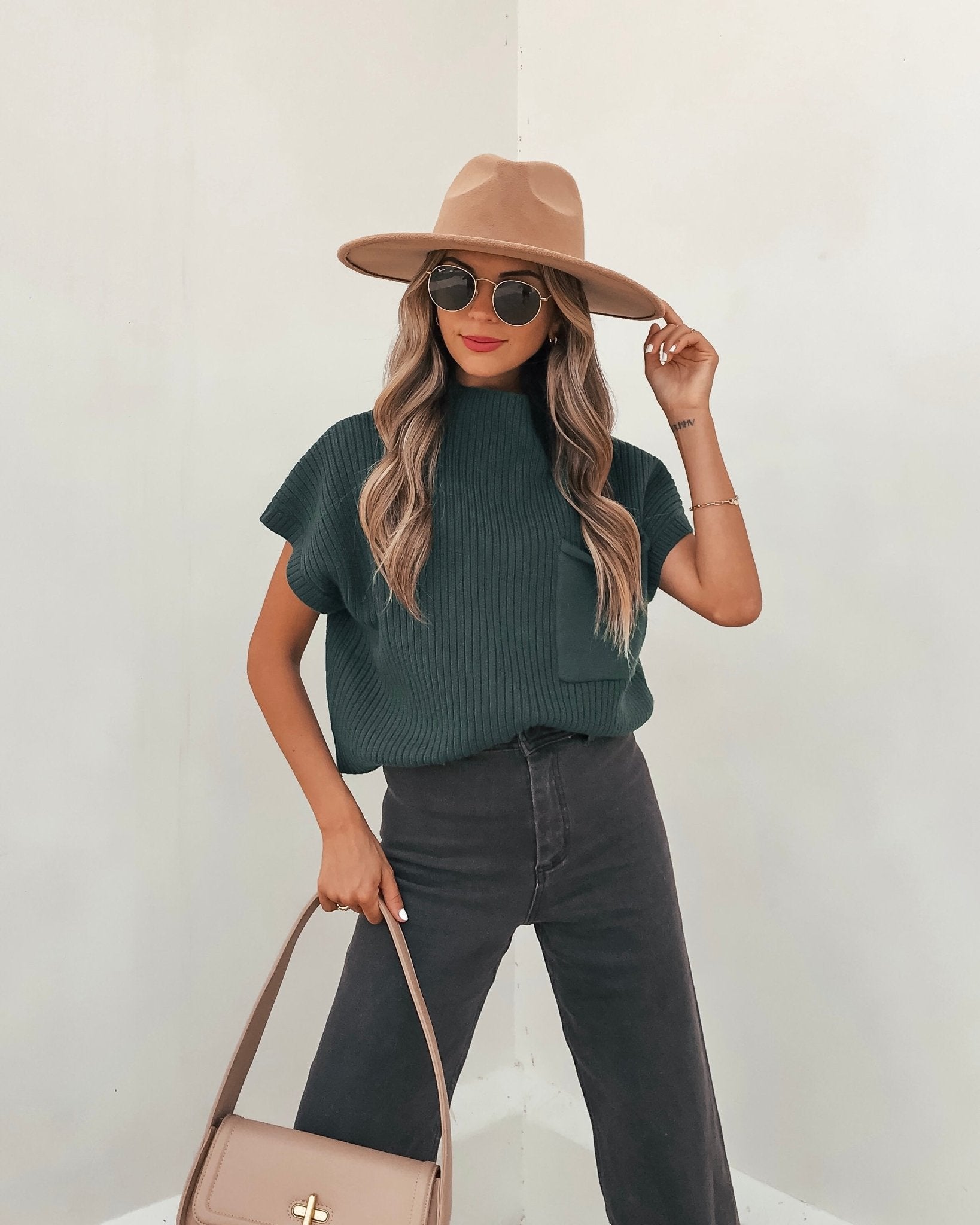 Short Sleeve Mock Neck Ribbed Sweater - Forest Green - Magnolia Boutique