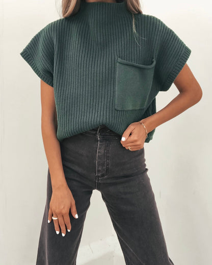 Short Sleeve Mock Neck Ribbed Sweater - Forest Green - Magnolia Boutique