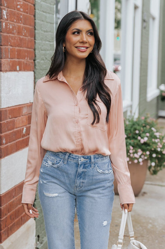 Sleek Satin Button Down Shirt - Salmon - FINAL SALE - Magnolia Boutique