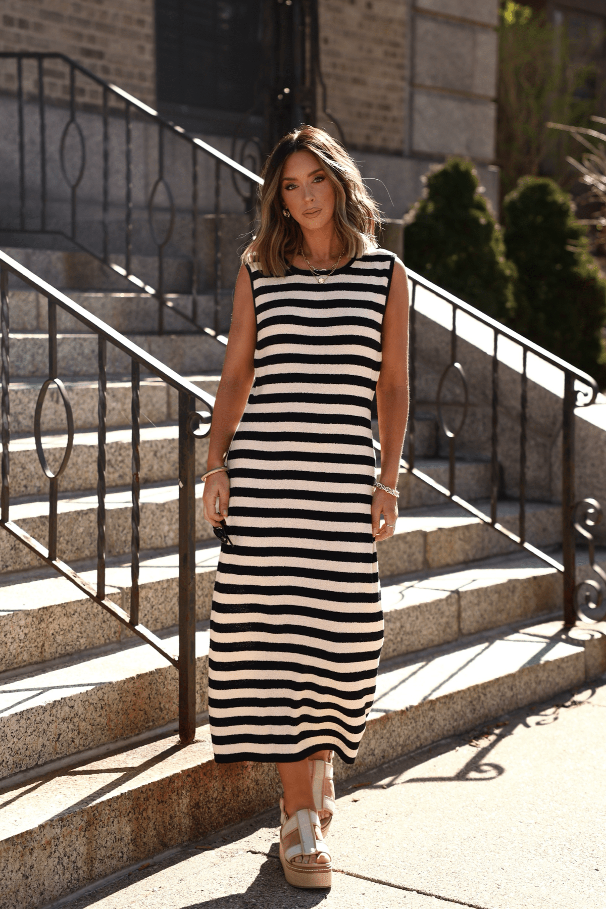 Sleeveless Black and Beige Striped Midi Dress - Magnolia Boutique