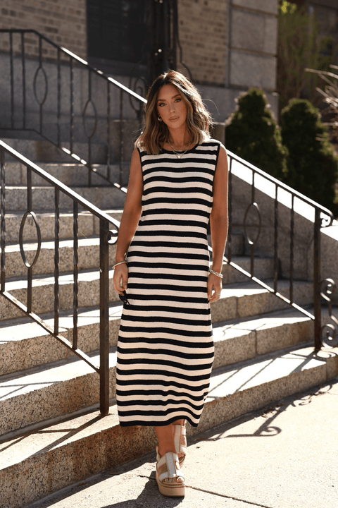 Sleeveless Black and Beige Striped Midi Dress - Magnolia Boutique