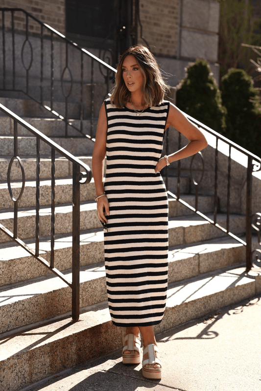Sleeveless Black and Beige Striped Midi Dress - Magnolia Boutique