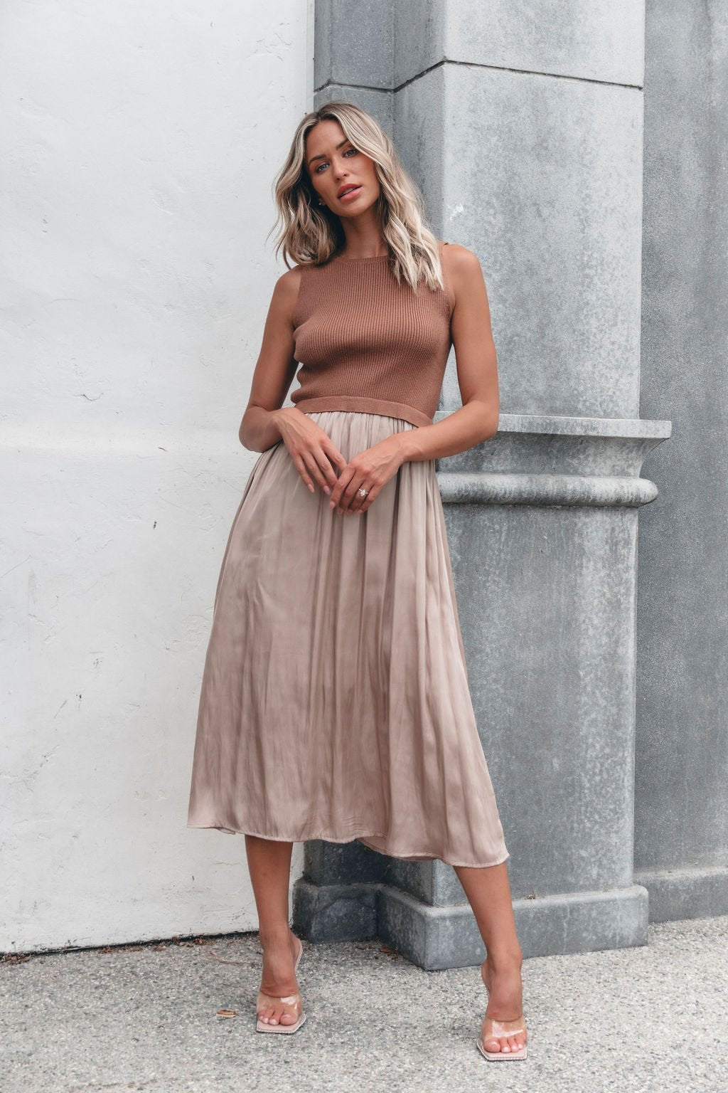 Sleeveless Half Sweater and Satin Skirt Midi Dress - Mocha Medium | Women's Online Boutique | Boho Chic Style