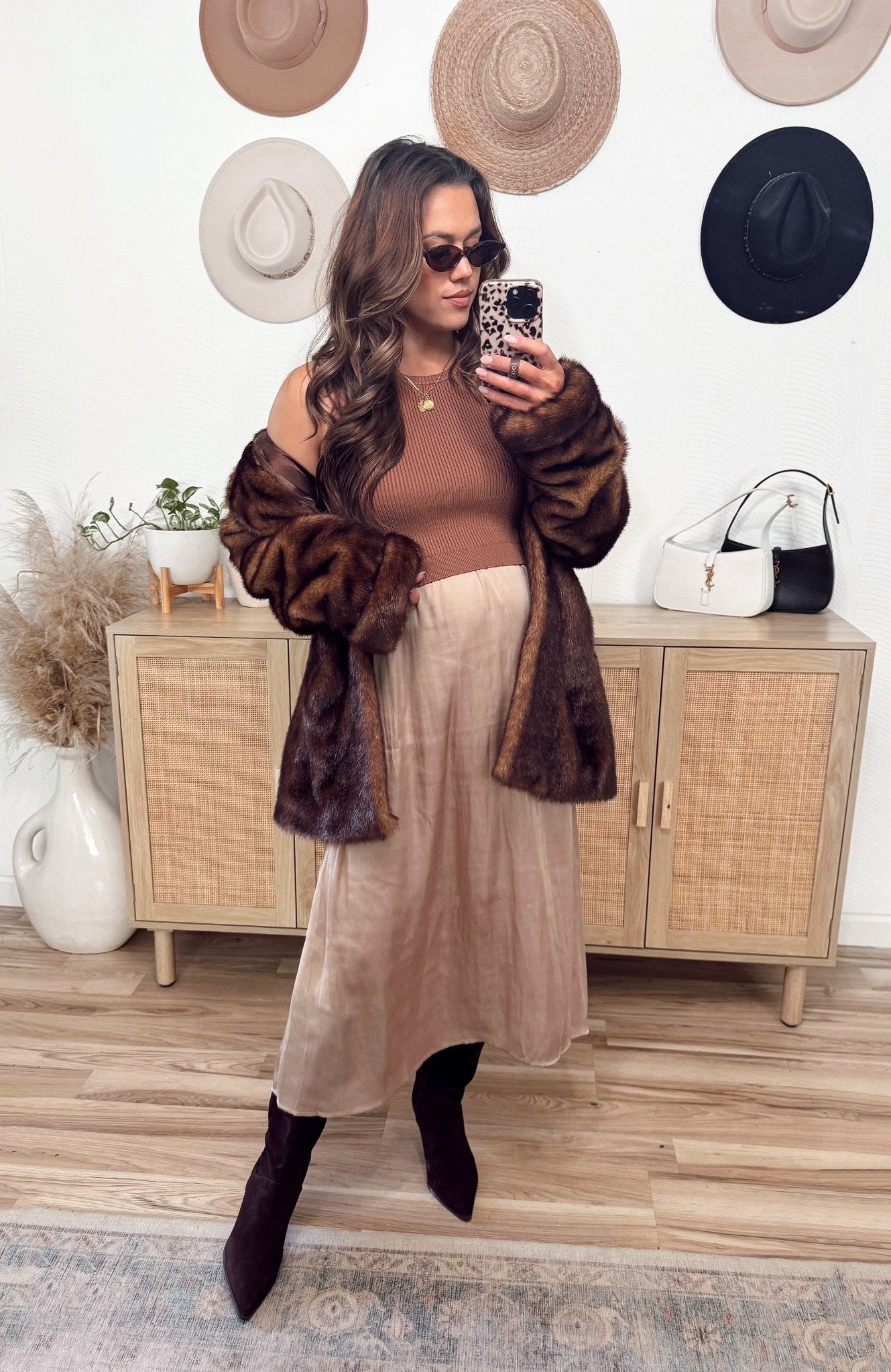 Sleeveless Half Sweater and Satin Skirt Midi Dress