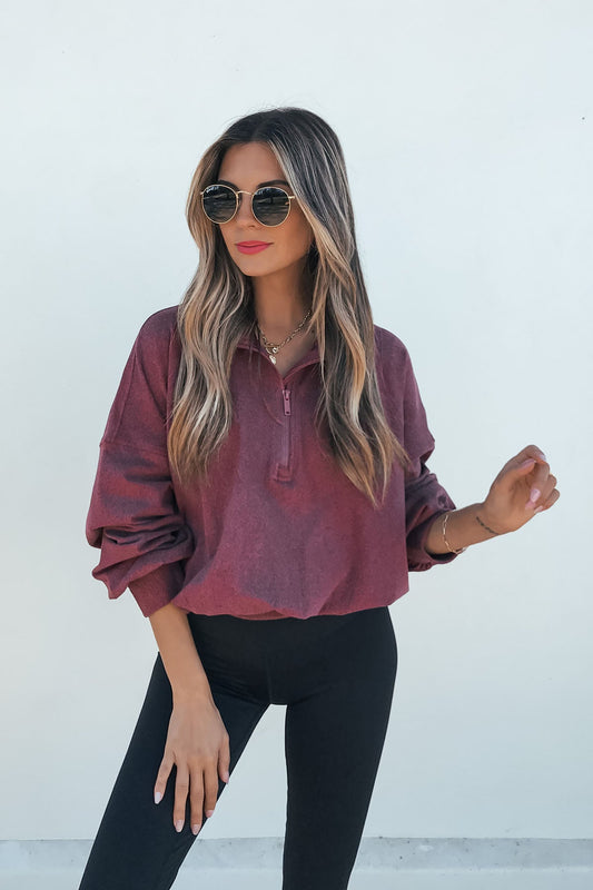 Soft Brushed Quarter Zip Pullover - Wine - Magnolia Boutique