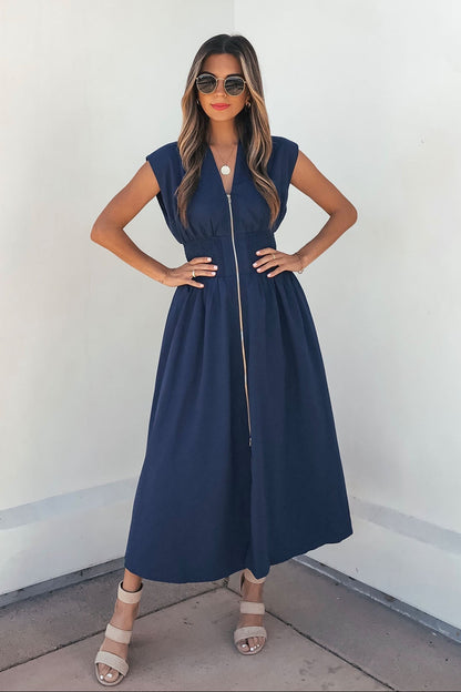 Solid Zip Up Front Midi Dress - Navy Small | Women's Online Boutique | Boho Chic Style Solid Zip Up Front Midi Dress - Navy Small | Women's Online Boutique | Boho Chic Style
