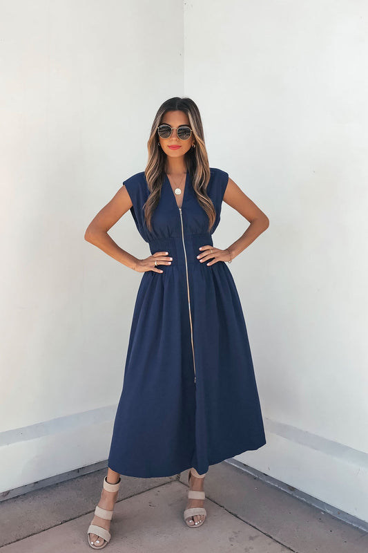 Solid Zip Up Front Midi Dress - Navy - Magnolia Boutique