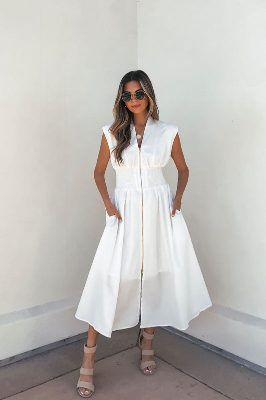 Solid Zip Up Front Midi Dress - White - Magnolia Boutique