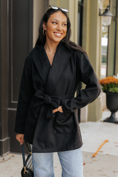 Sophisticated Black Tie Hooded Coat - Magnolia Boutique